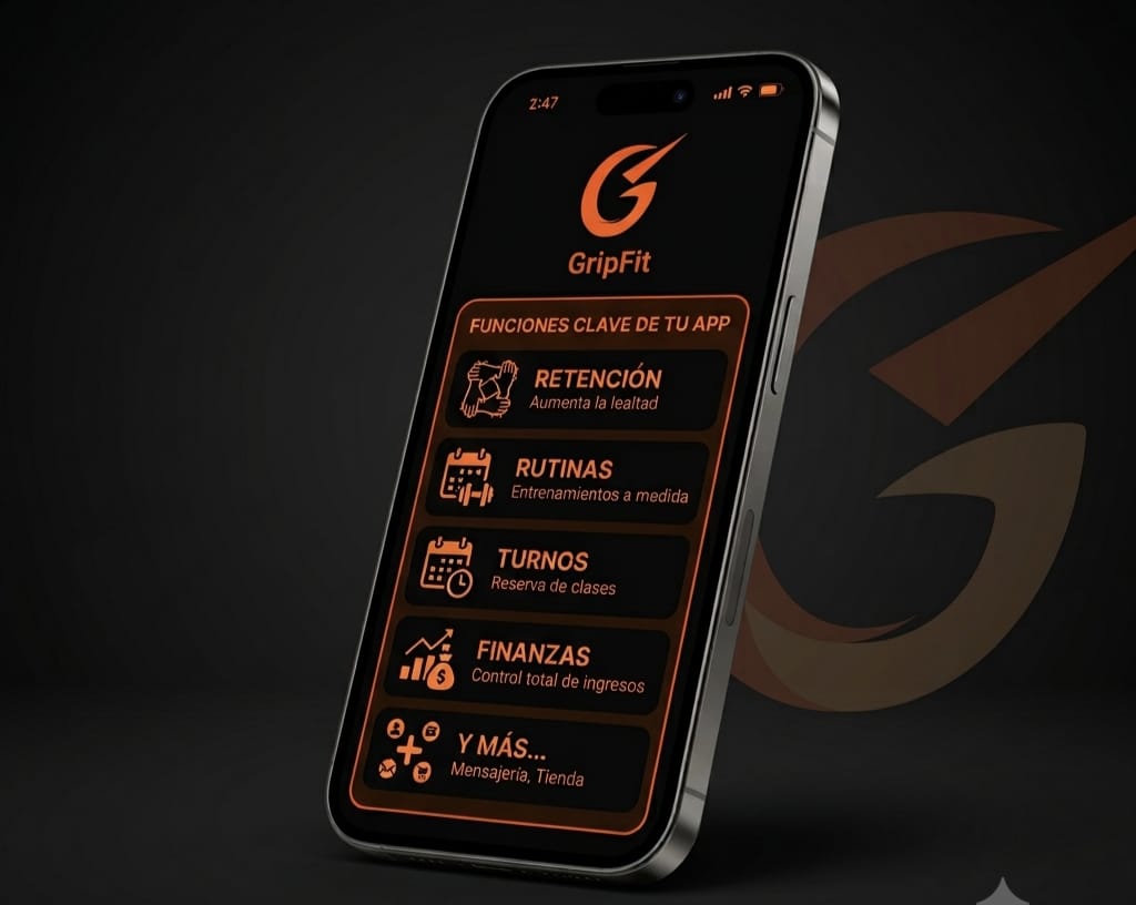 La app de GripFit en el celular, con rutinas, turnos, finanzas y mensajería